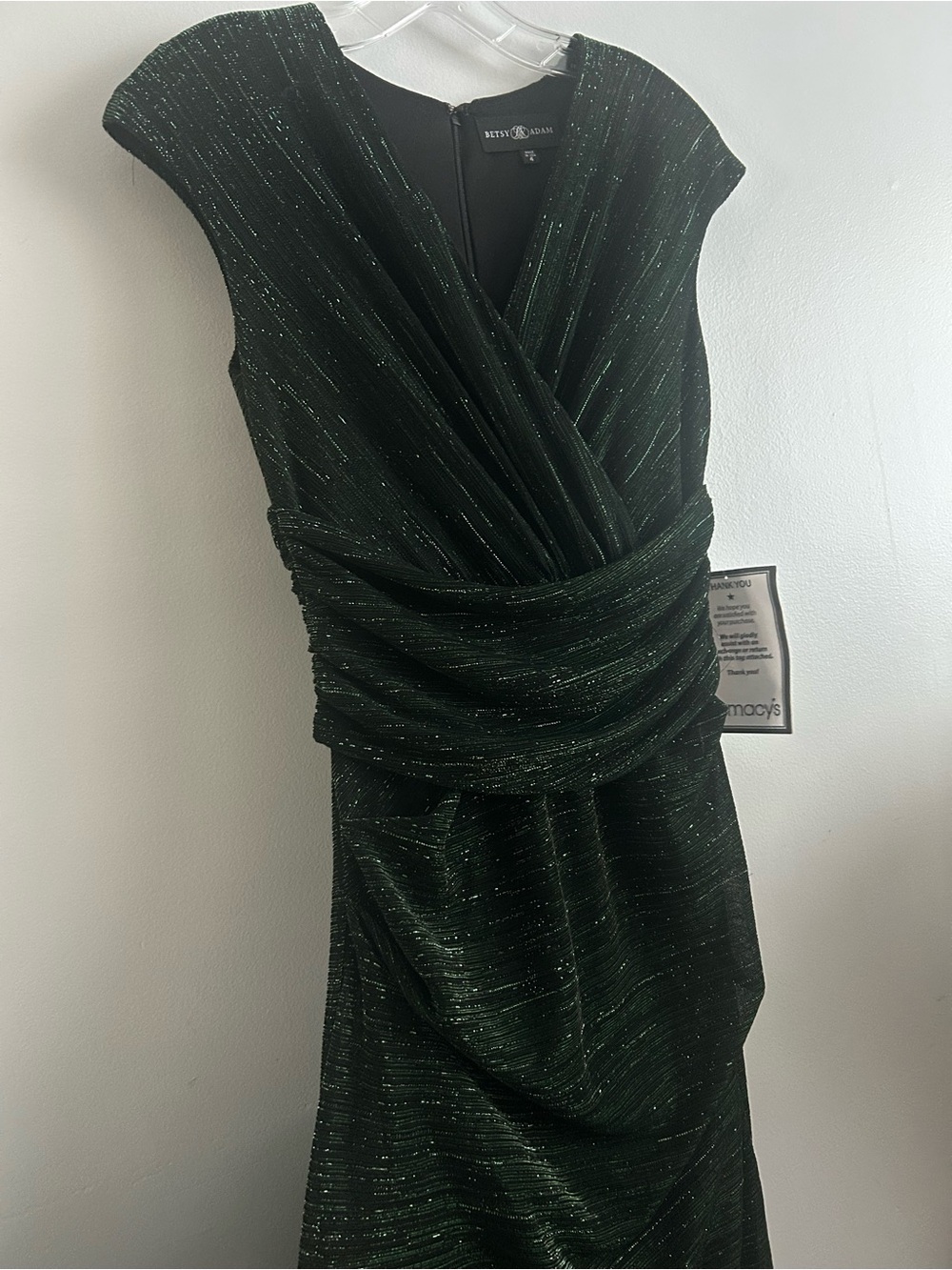 Betsy & Adam Green Metallic Cap sleeve surplice gown dress